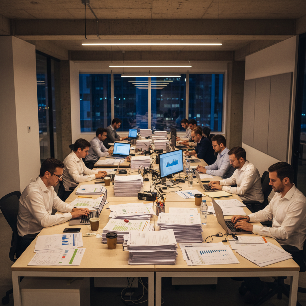 Finance team working in a modern office with invoices and spreadsheets, illustrating financial management systems at scale