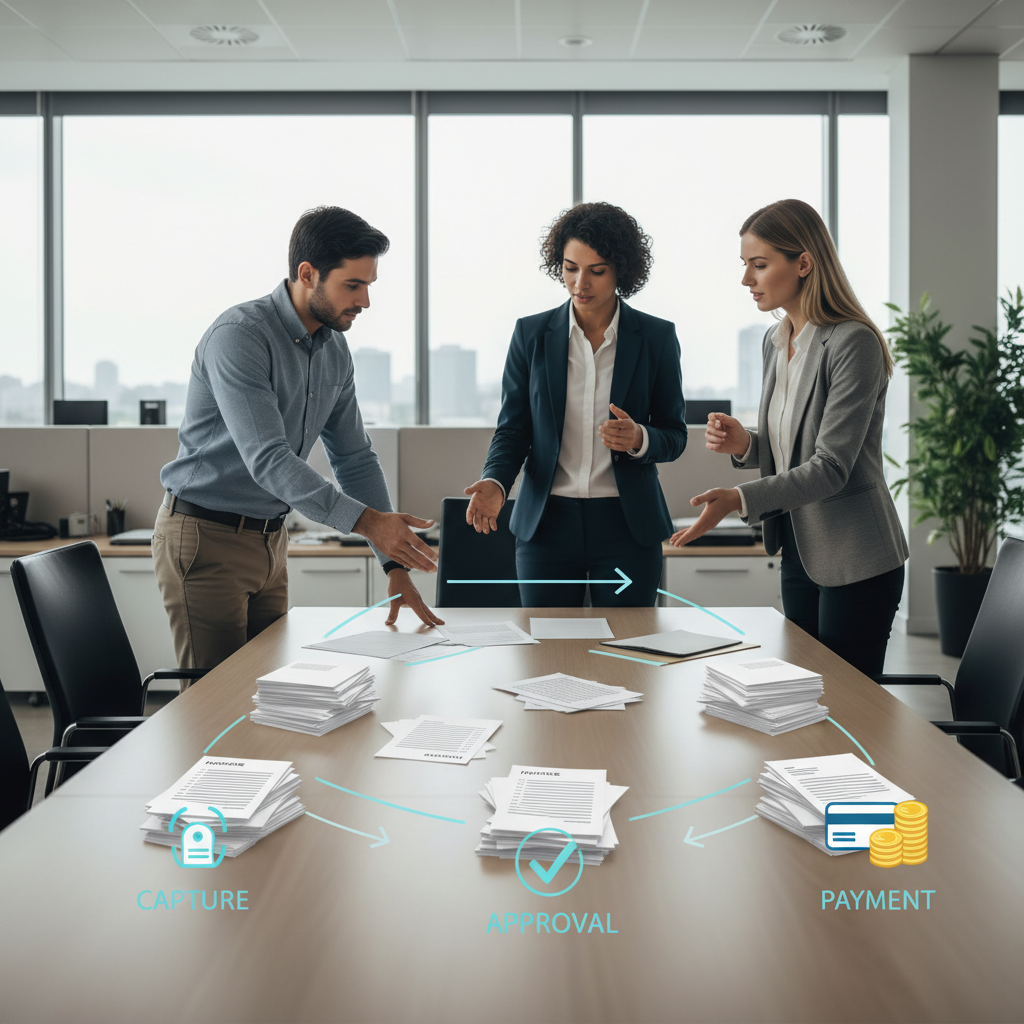Professionals reviewing invoices, purchase orders, and contracts laid out as a workflow chain