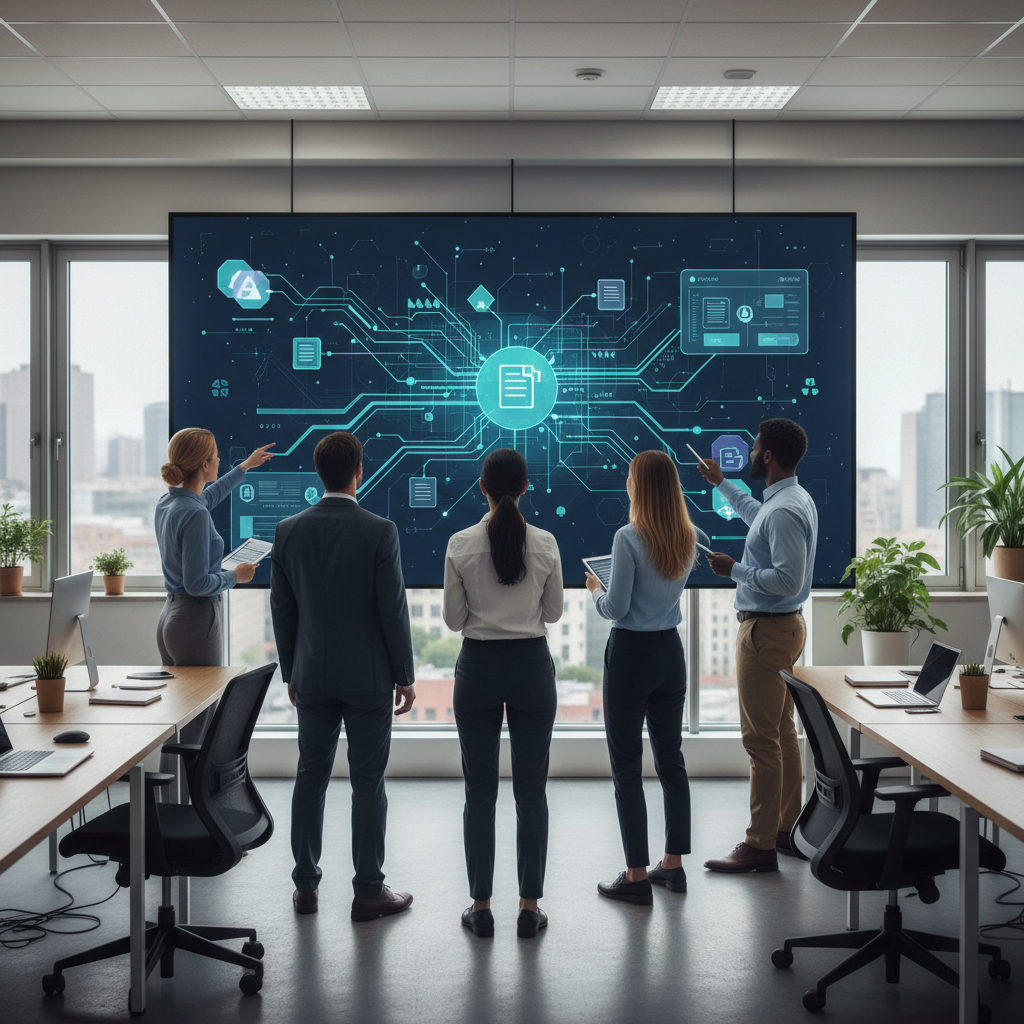 Finance and operations team collaborating around a large screen showing abstract workflow dashboards