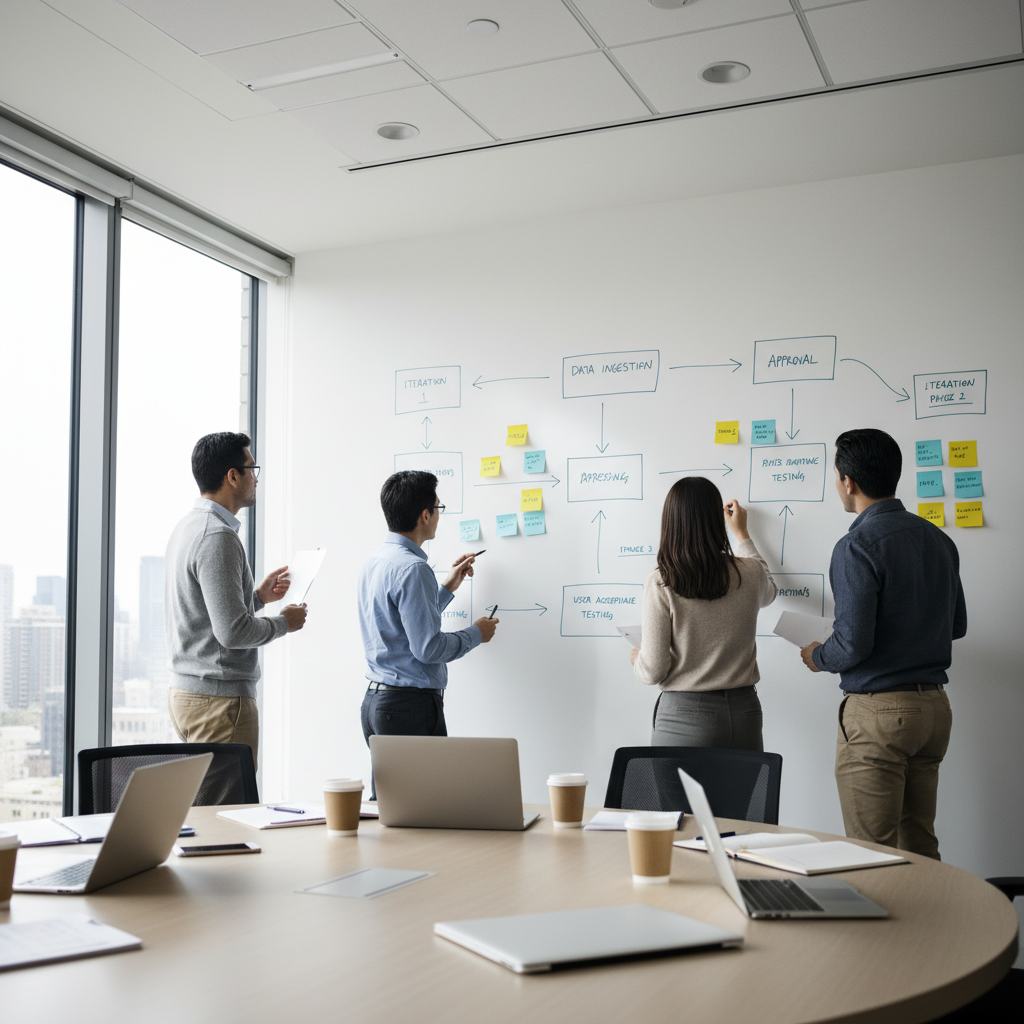 Cross-functional team mapping out a new finance workflow on a whiteboard