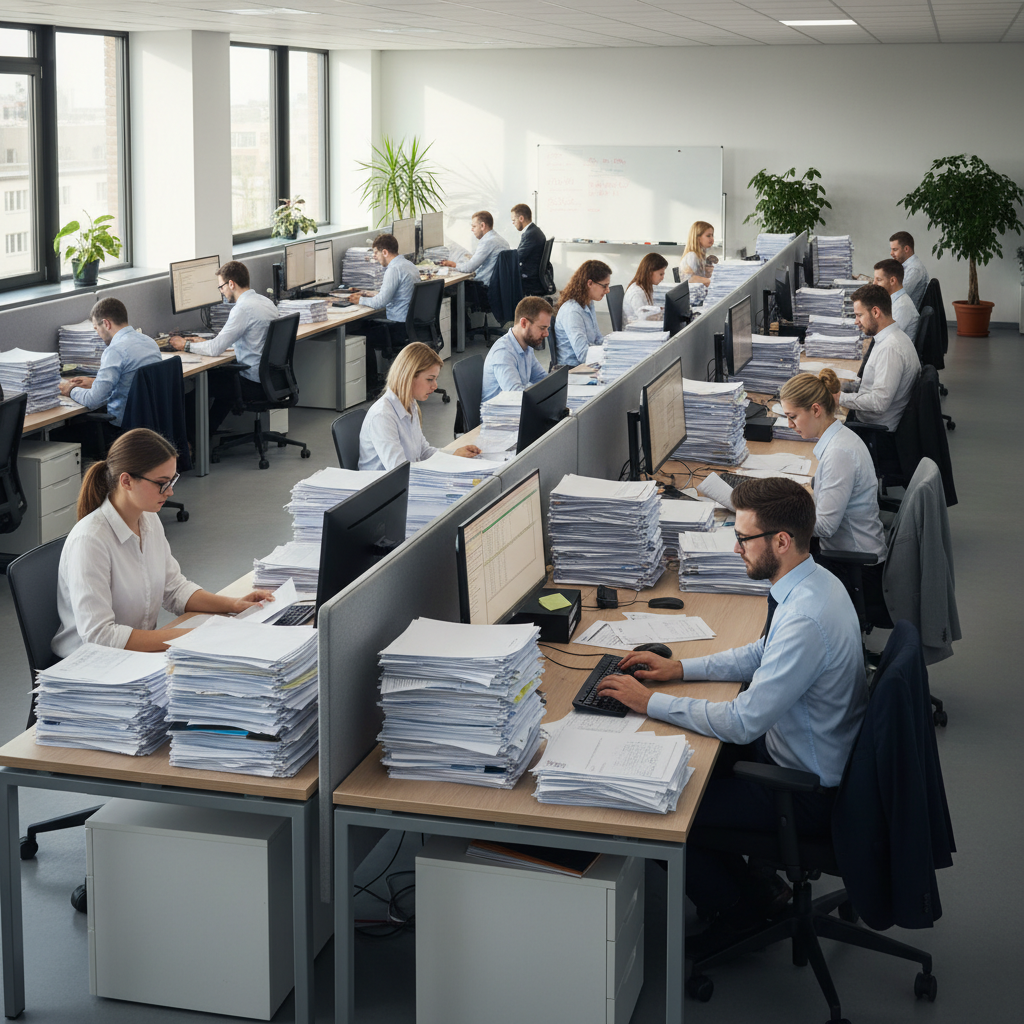 Accounts payable processing team in a busy finance office with paper invoices and computers