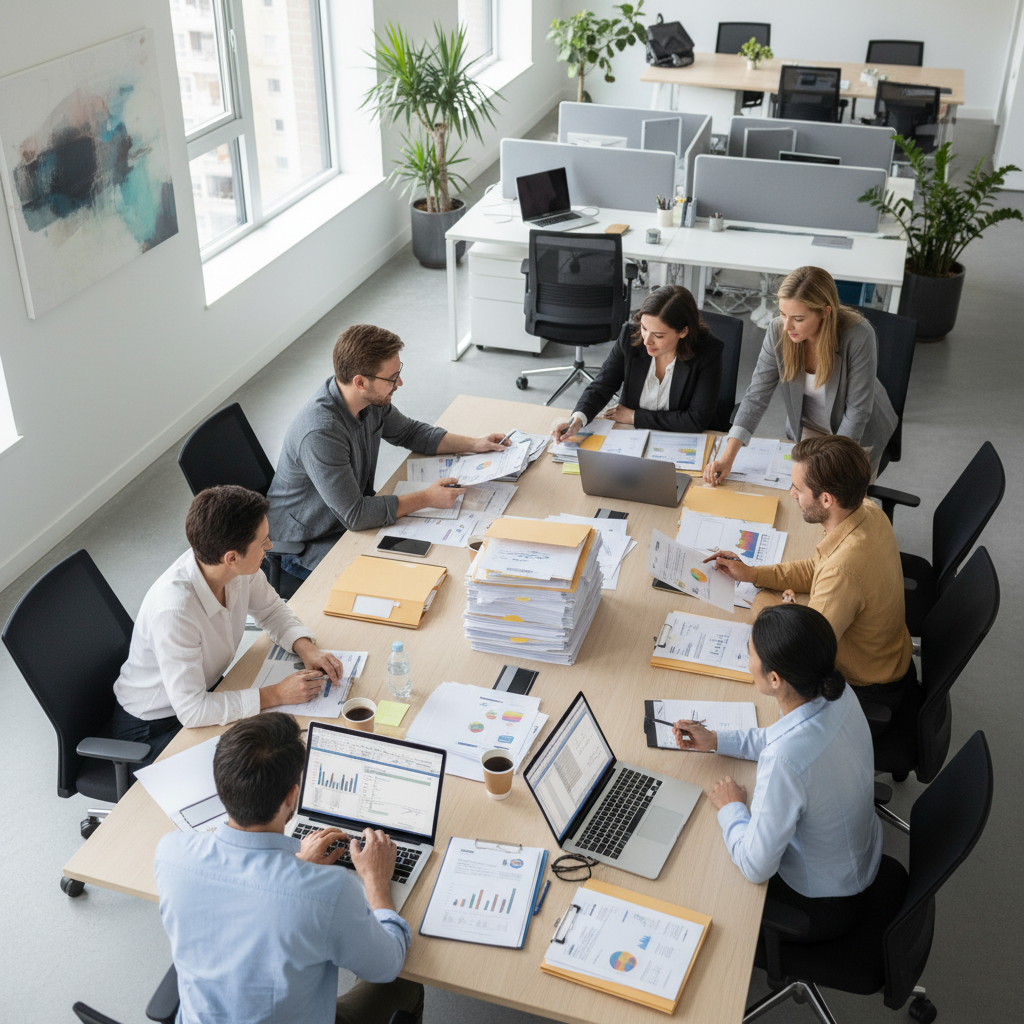 Accounts payable processing team collaborating around a table with invoices and laptops