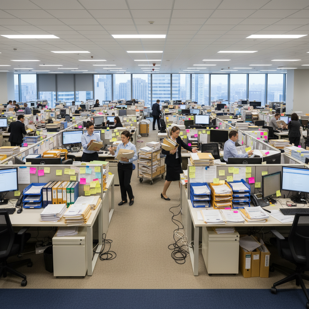Office floor with cluttered desks representing friction in accounts payable processing