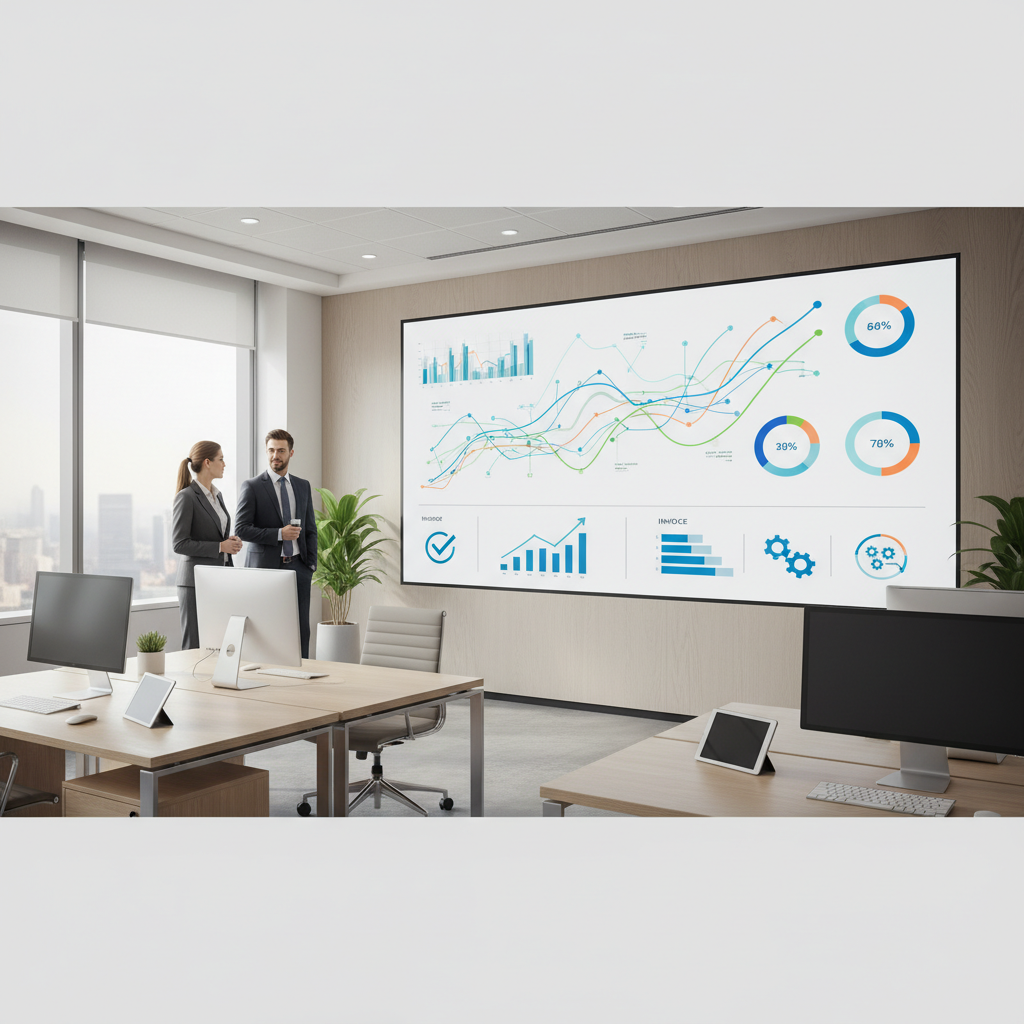 Finance professionals reviewing accounts payable processing dashboards on a large screen