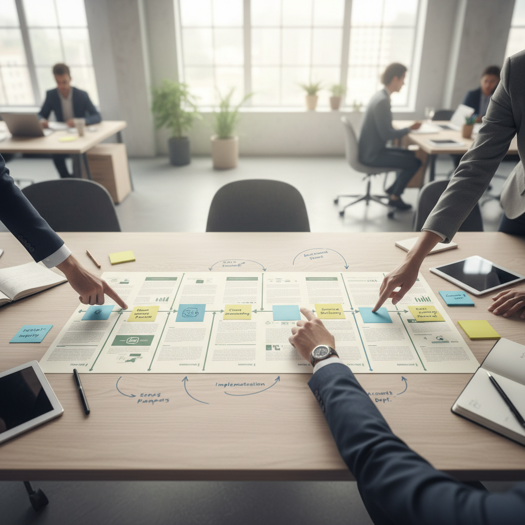 Client journey timeline laid out on a desk with documents and sticky notes marking each stage