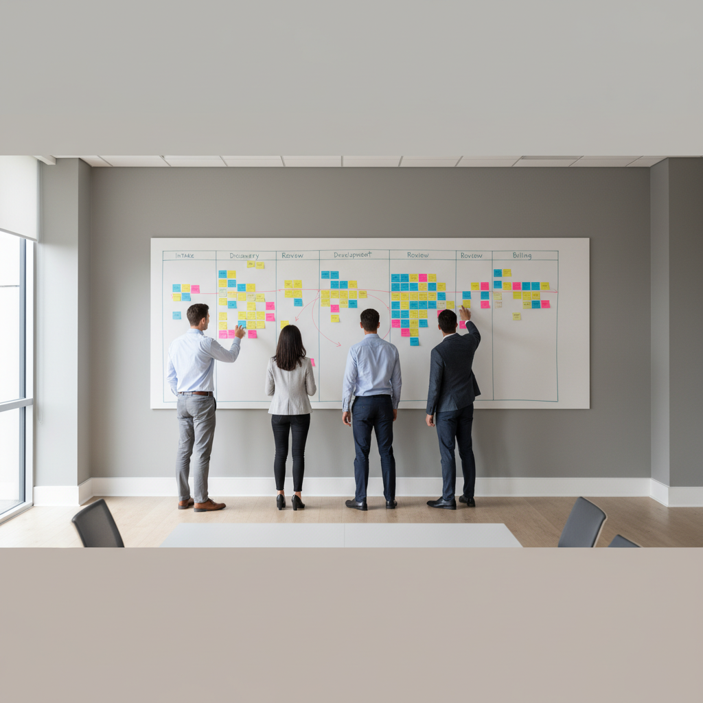 Cross-functional team in a conference room mapping a client workflow on a whiteboard with sticky notes