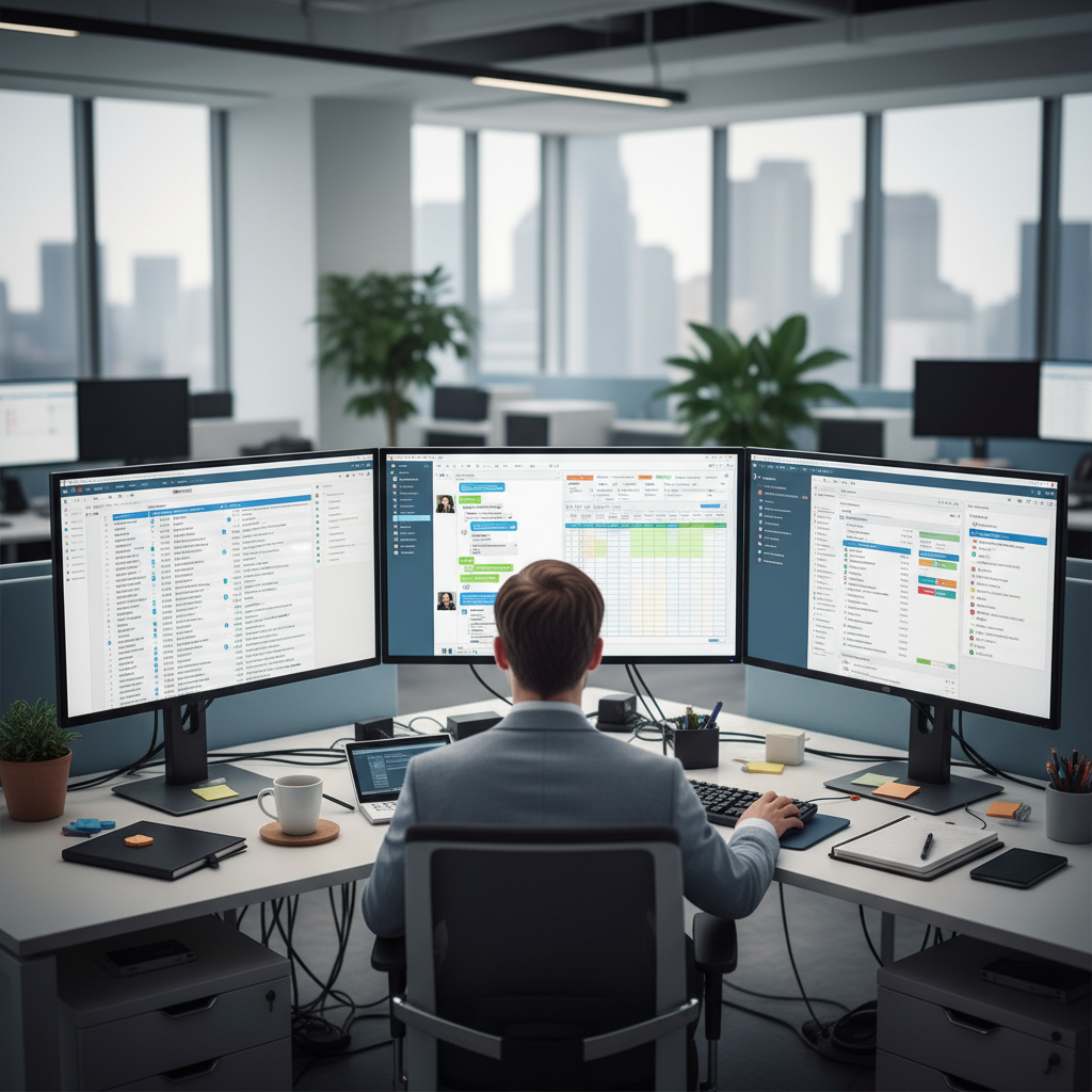 Office worker at multiple monitors with email, chat, and spreadsheets open, representing fragmented client workflows