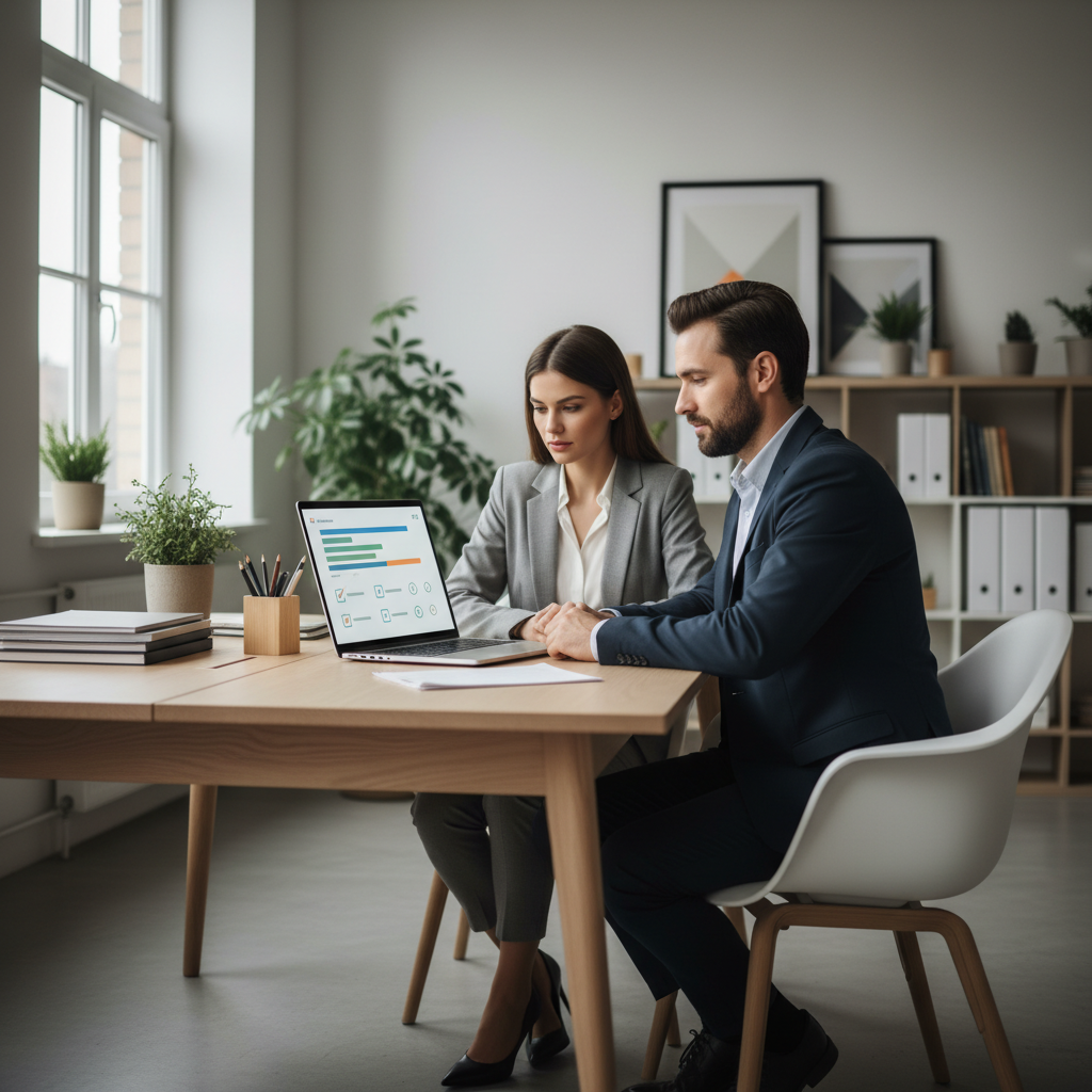 Two professionals reviewing a modern client onboarding portal dashboard on a laptop