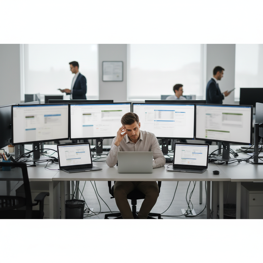 Professional at a desk surrounded by multiple screens showing many tools in the client onboarding process