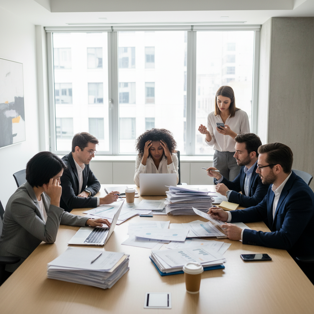 Business team reviewing documents and laptops during a slow client onboarding process