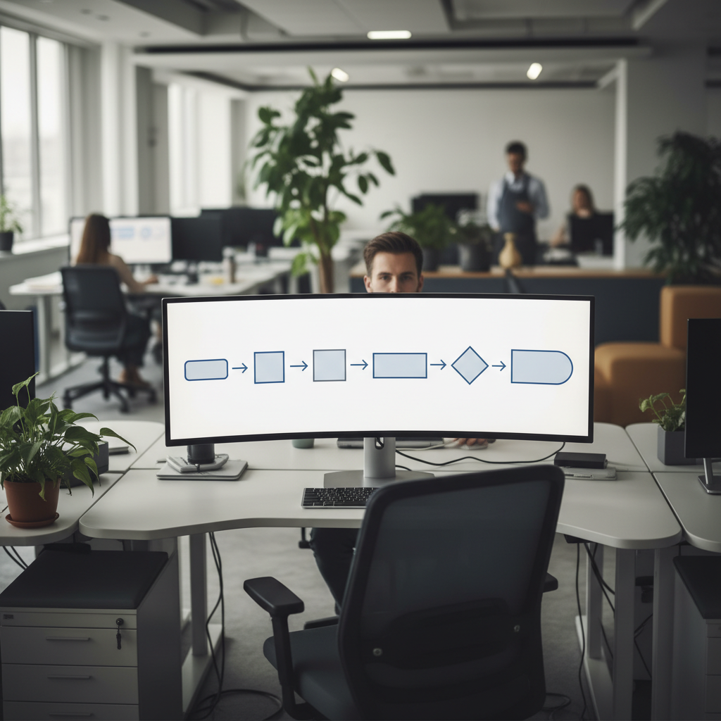 Office desk with a monitor displaying a simple left-to-right client approval process diagram