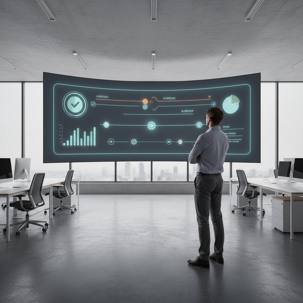 Operations manager looking at a dashboard of client approval workflow statuses on a large screen
