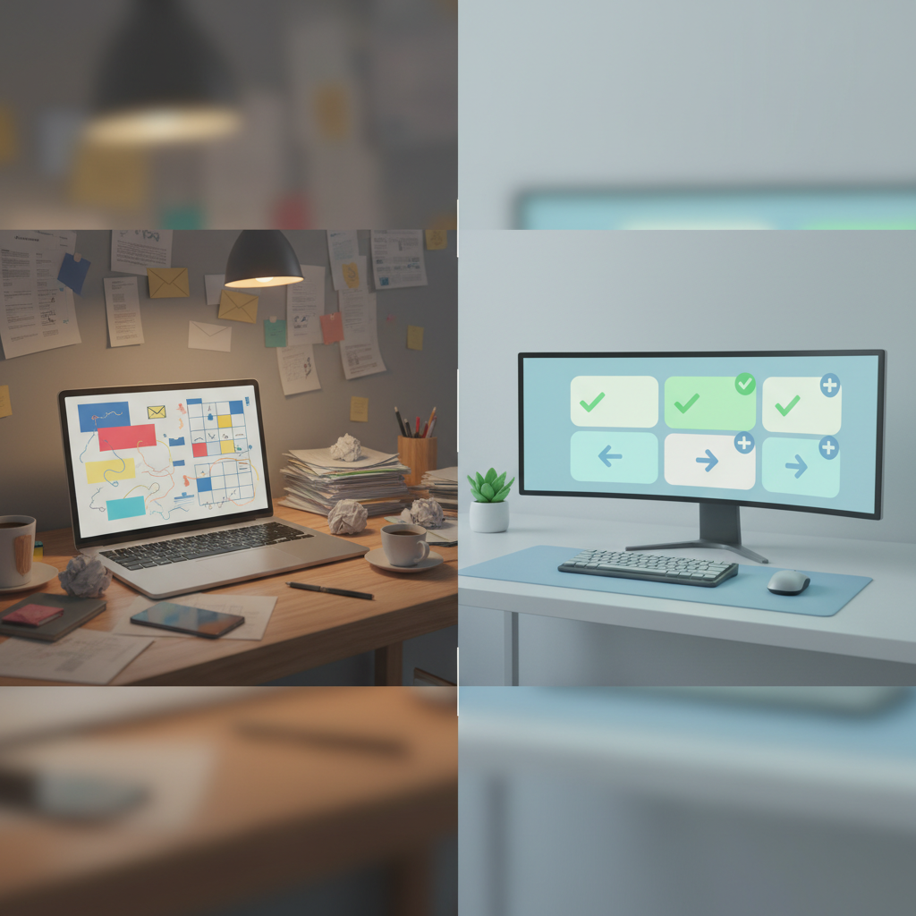 Comparison of a cluttered desk with spreadsheets and email versus a clean workstation with a client approval portal