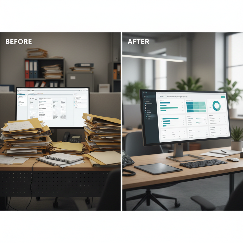 Before-and-after desk setup comparing messy email-based work to an organized client tracker dashboard