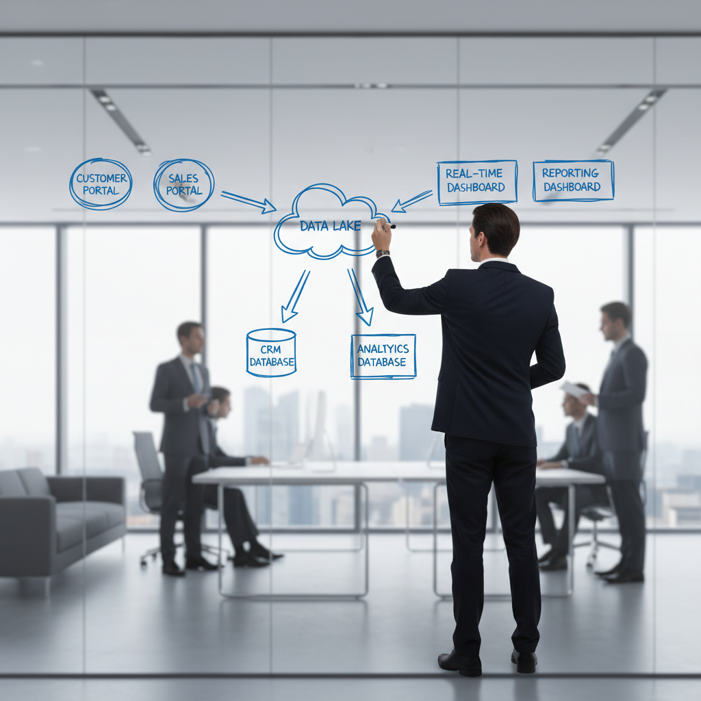 Professional sketching a customer data collection architecture on a glass wall