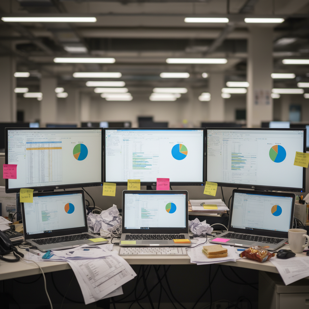 Cluttered desk with multiple screens and spreadsheets representing messy customer data collection