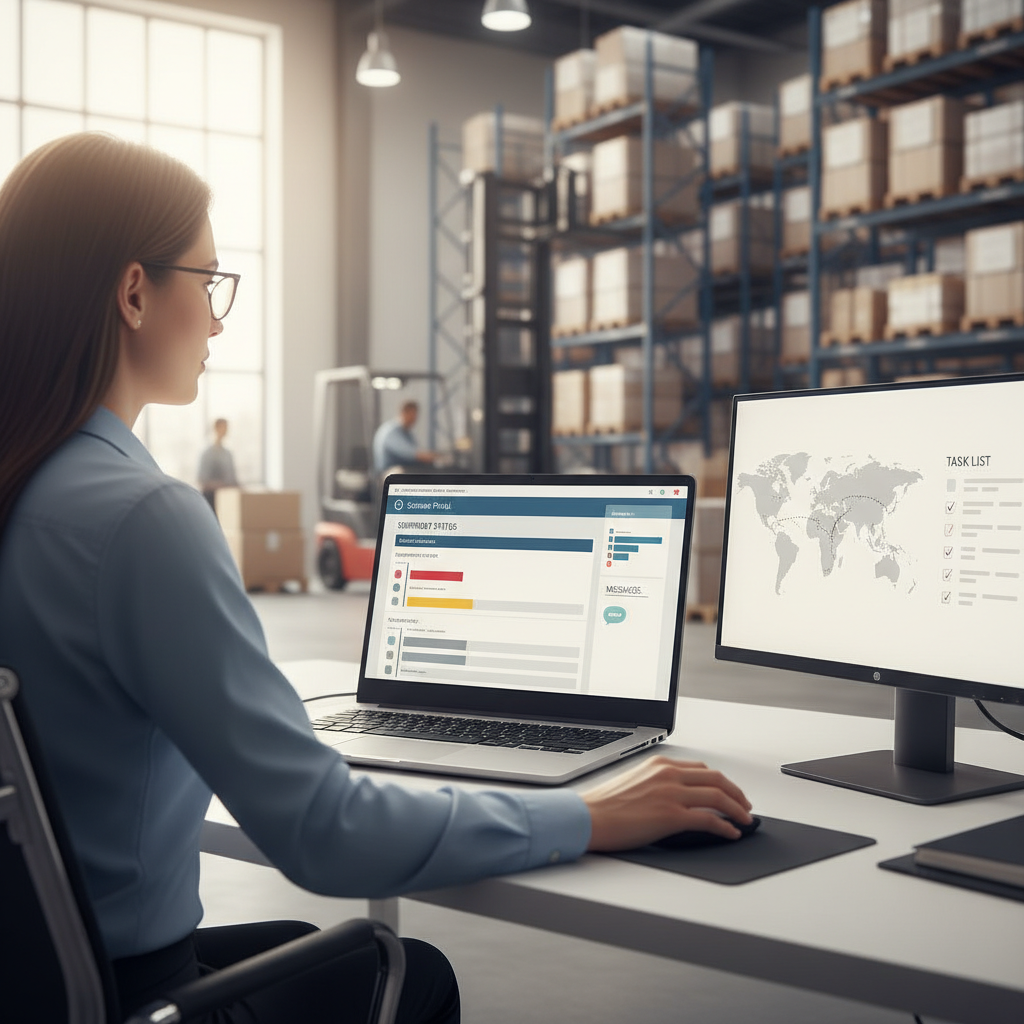 Logistics coordinator using a laptop customer portal showing shipment status and messages