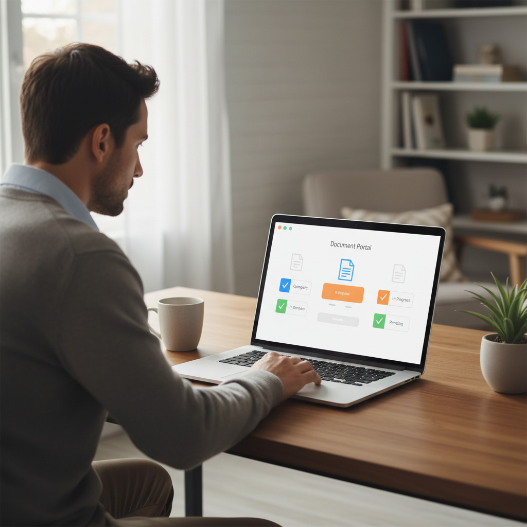 Client viewing a secure document portal dashboard with checklists and status indicators on a laptop