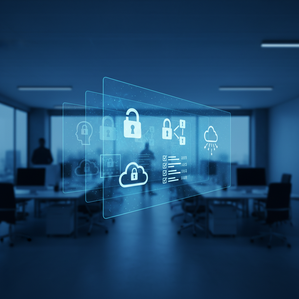 Abstract layered screens showing identity, lock, and audit icons representing secure client portal systems