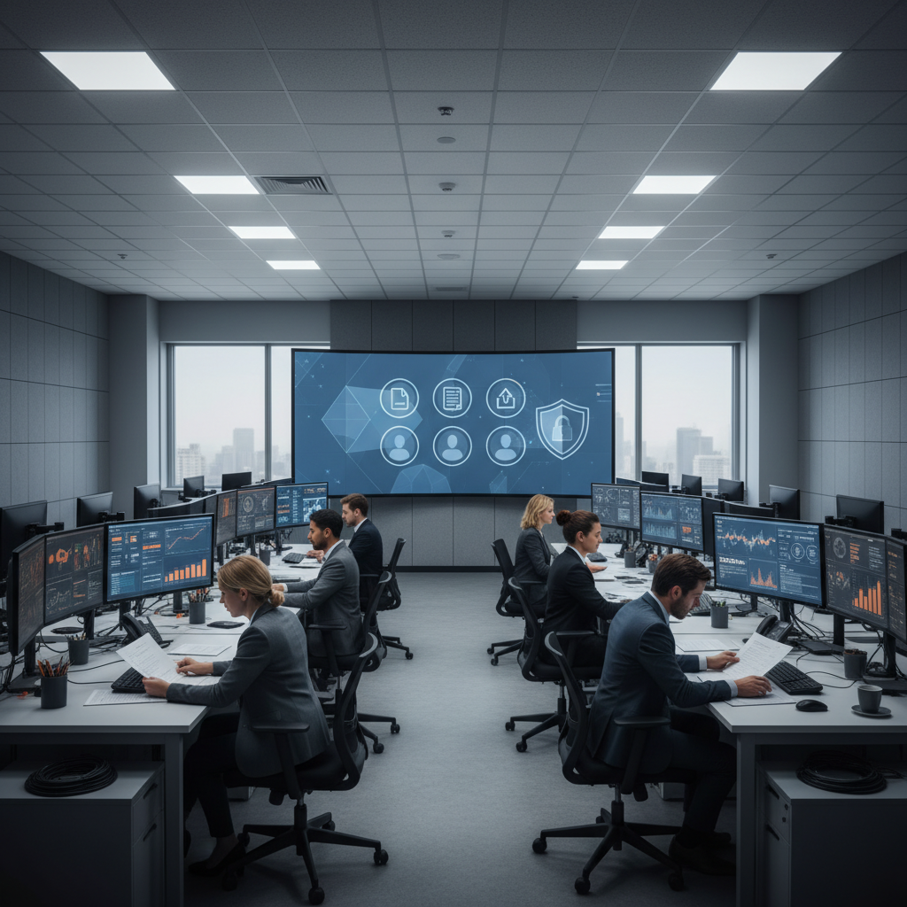 Operations team monitoring secure client portal activity across multiple screens