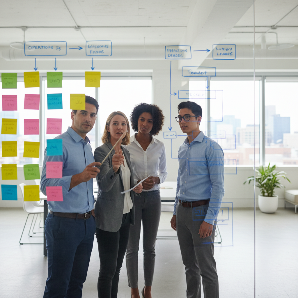 Operations team mapping a workflow on a whiteboard to improve operational visibility