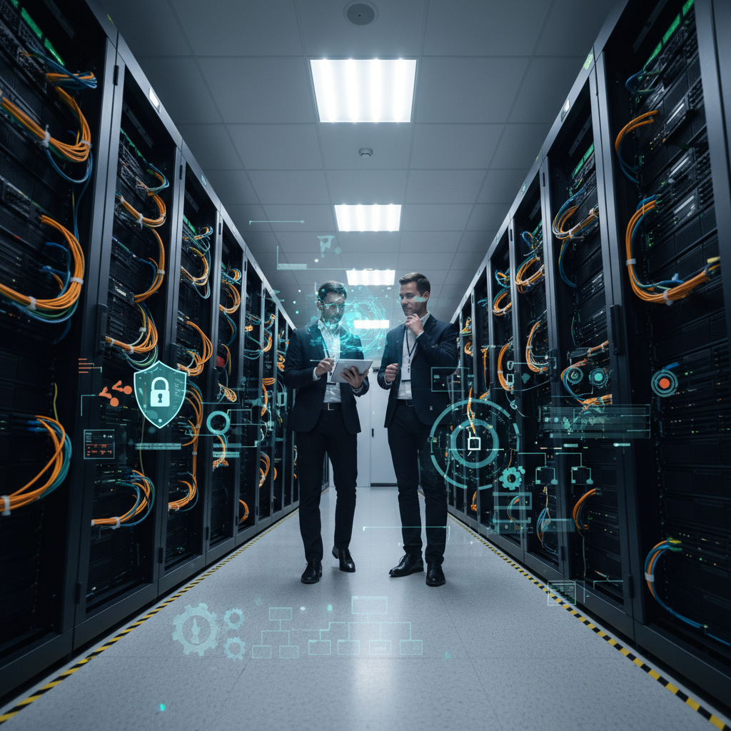 Secure enterprise data center with IT staff reviewing workflow and security information on a tablet