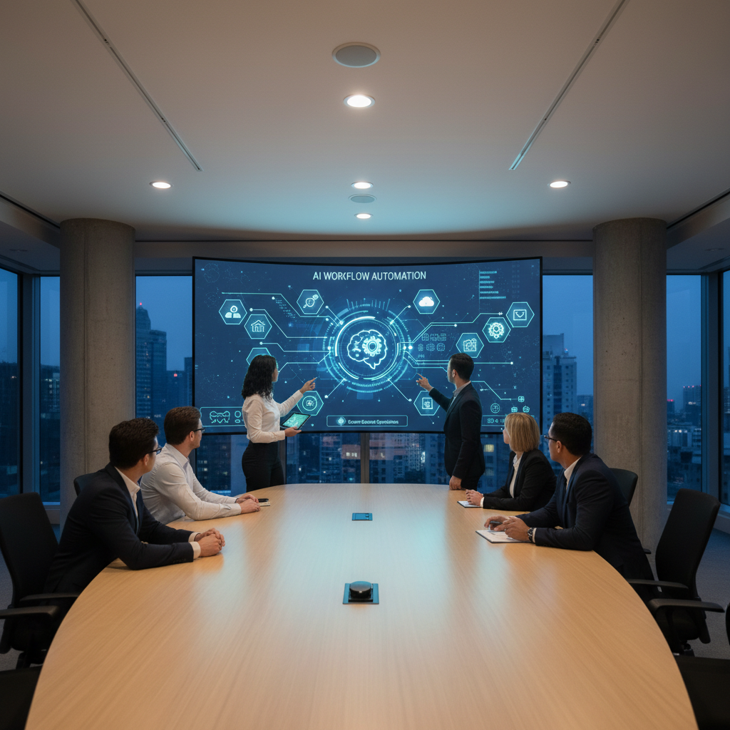 Business team reviewing an AI-powered workflow diagram on a large screen