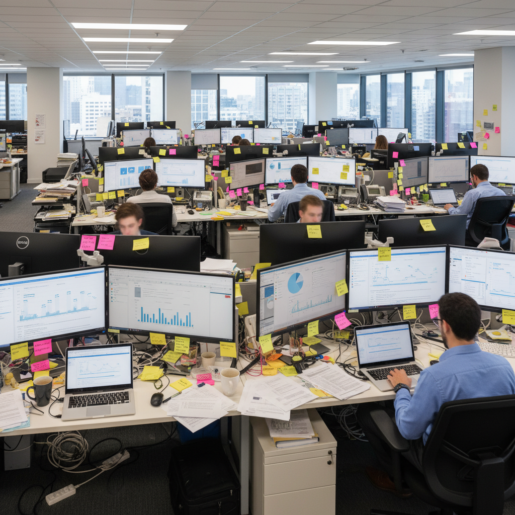 Office workers surrounded by many screens and notes showing tool sprawl in customer success operations