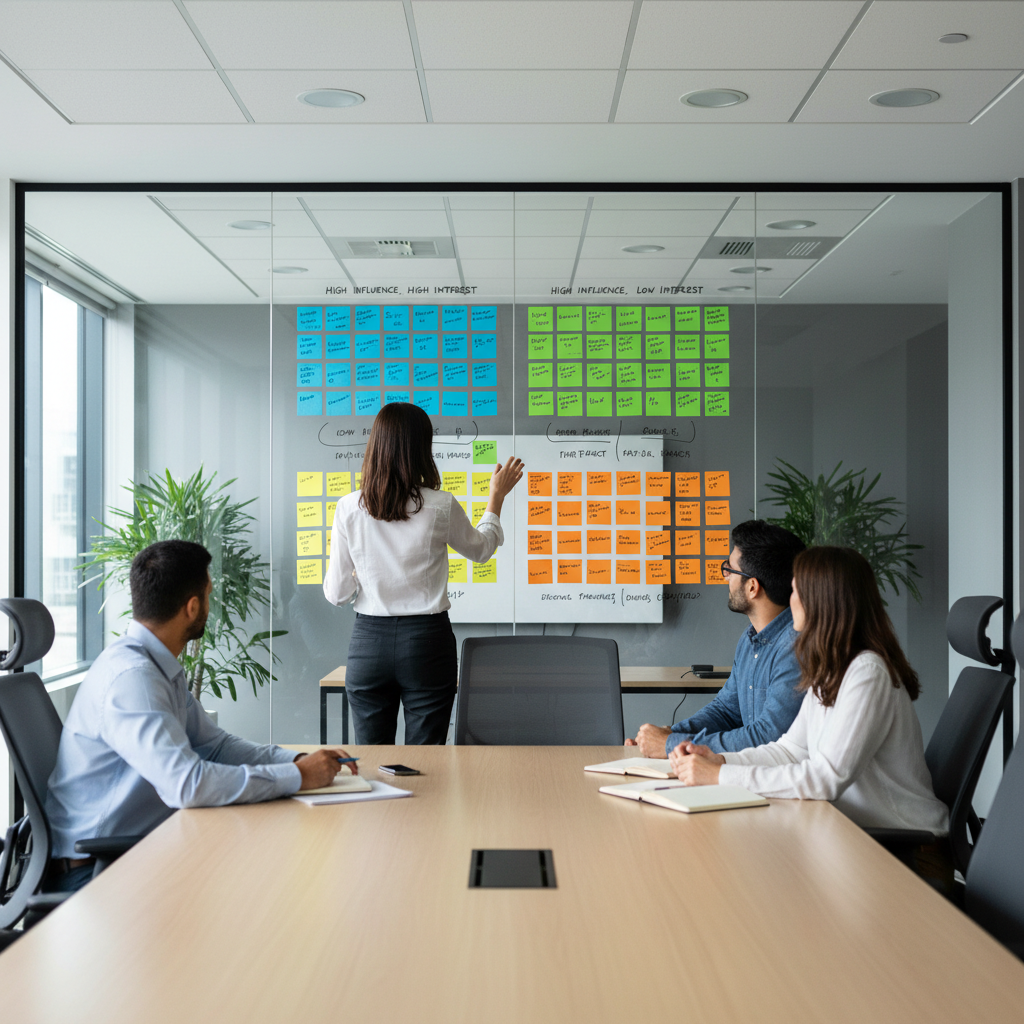 Project manager presenting a stakeholder matrix arranged on a glass wall to a team
