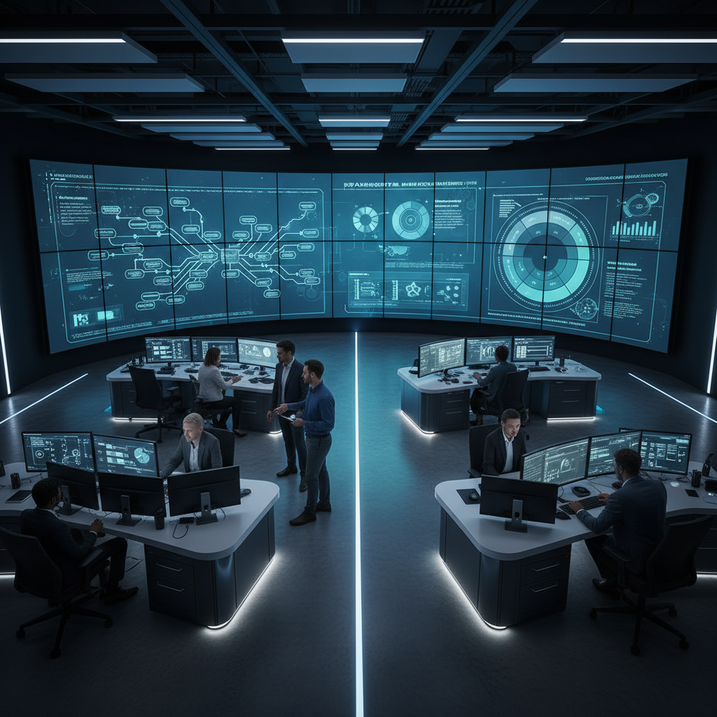 Operations hub with large screens displaying workflows and stakeholder matrices