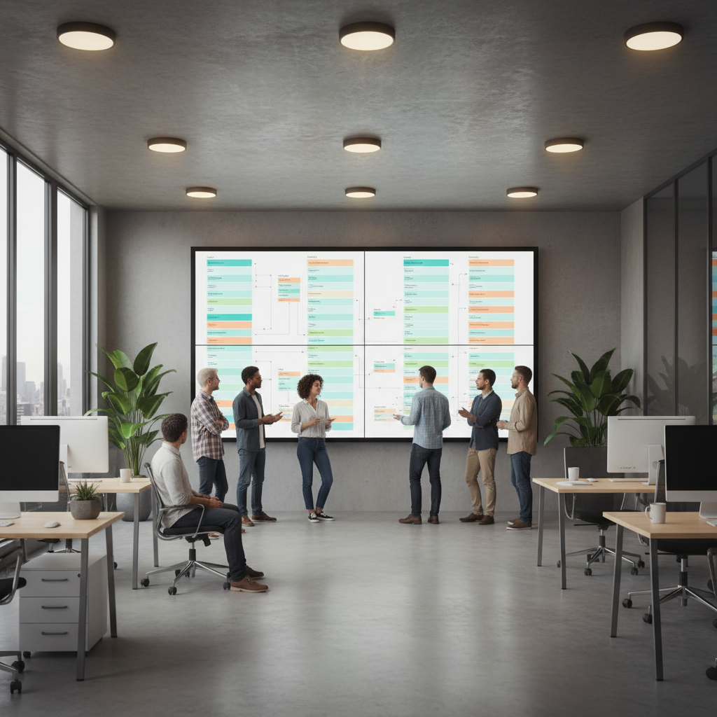 Office team collaborating in front of a workflow and vendor portal dashboard