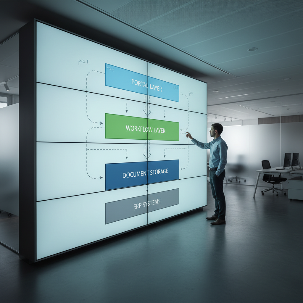 Wall display showing a layered system diagram for vendor document management architecture