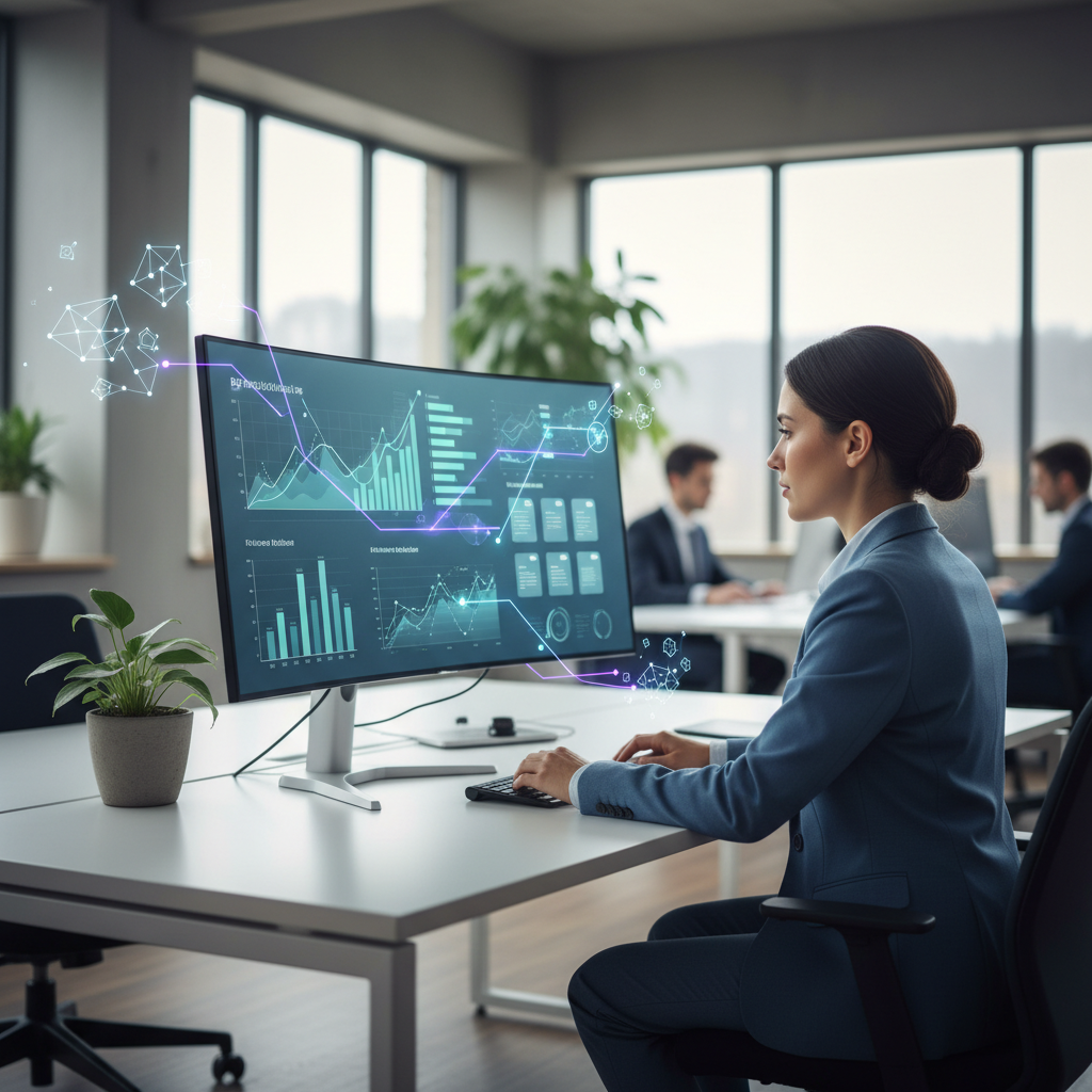 Professional reviewing vendor documents on a monitor with AI-driven insights