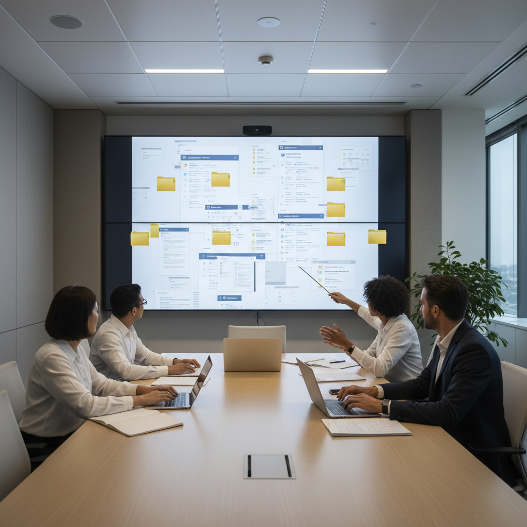 Operations team in a conference room reviewing vendor documents on a shared screen