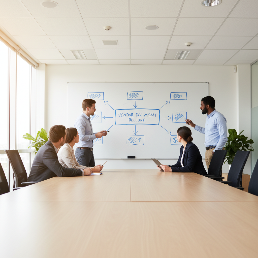 Cross-functional team planning a vendor document management roadmap around a whiteboard