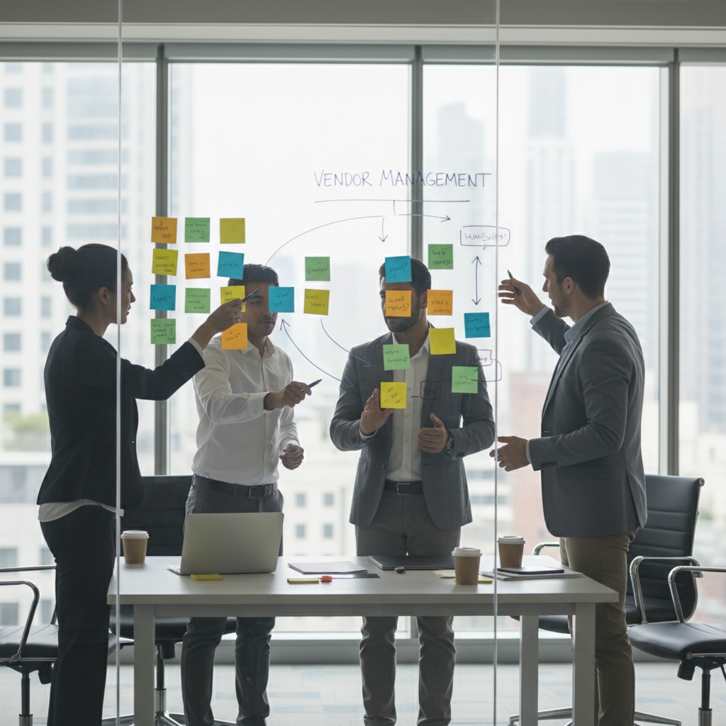 Team mapping a vendor management workflow with sticky notes and process arrows on a glass wall