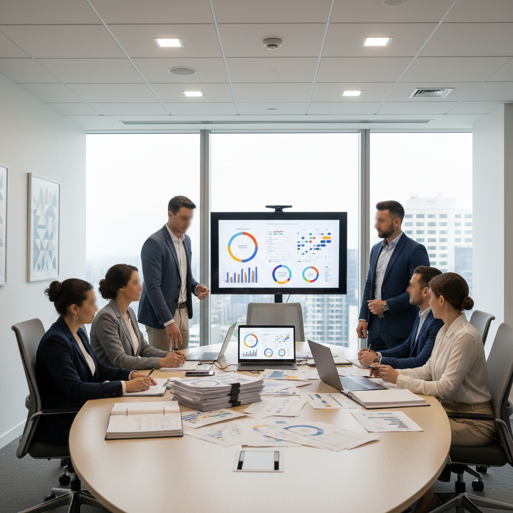 Risk and compliance team reviewing vendor risk documents and dashboards in a meeting room