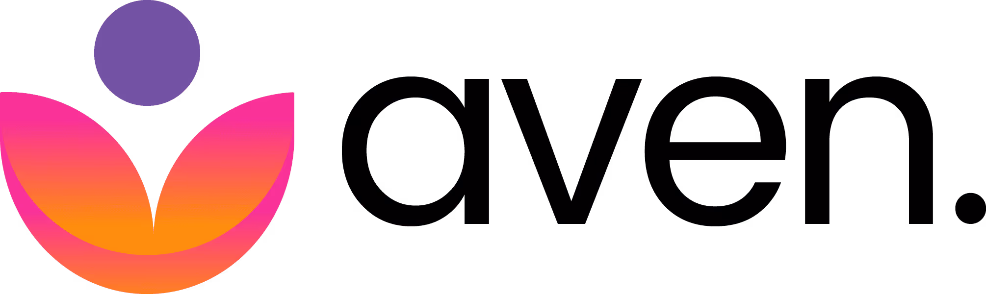 Aven logo featuring a stylized purple circle above gradient pink and orange shapes resembling leaves, next to the word 'aven' in black lowercase letters.
