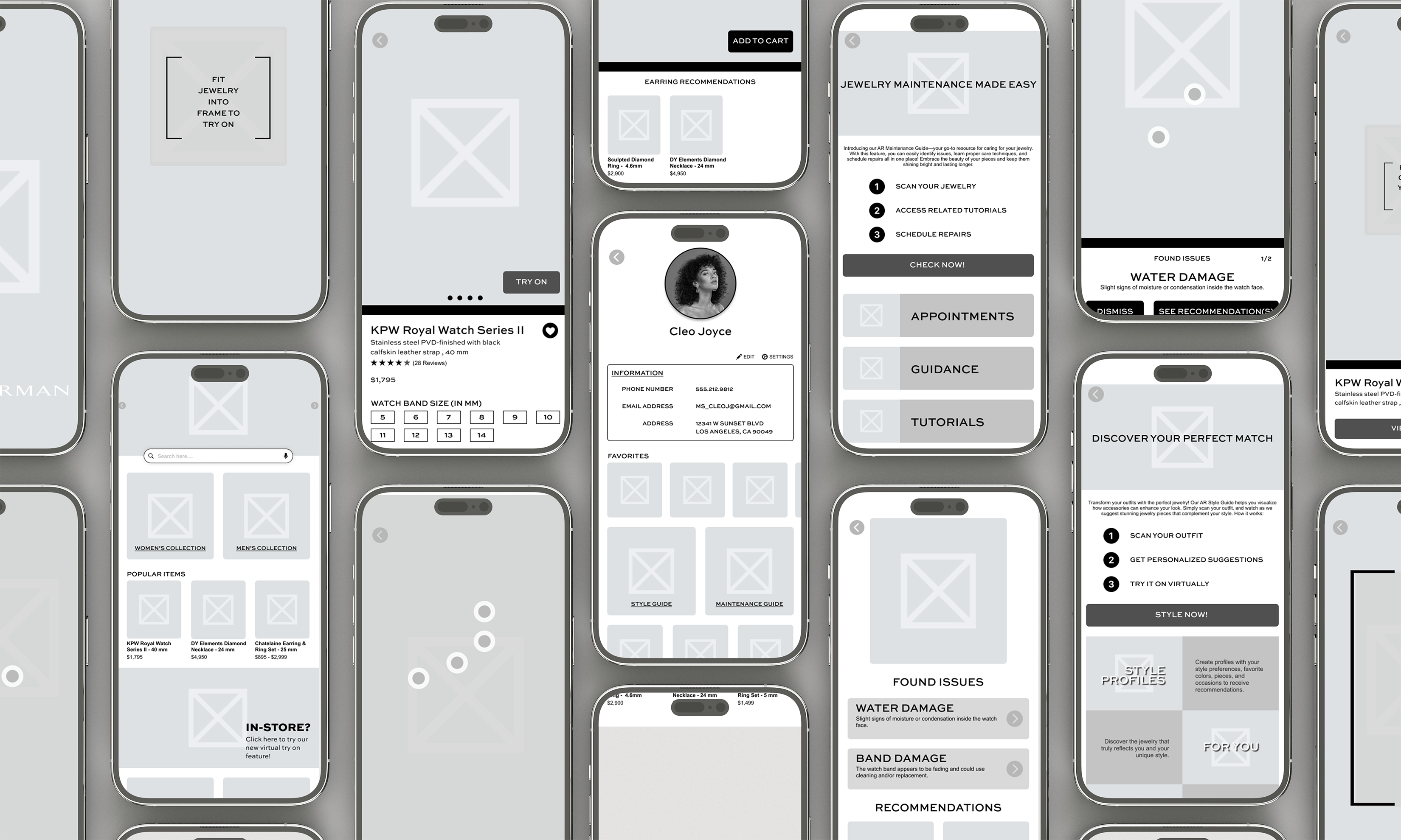 Multiple smartphone screens showing jewelry app UI including product details, maintenance tips, and virtual try-on features.