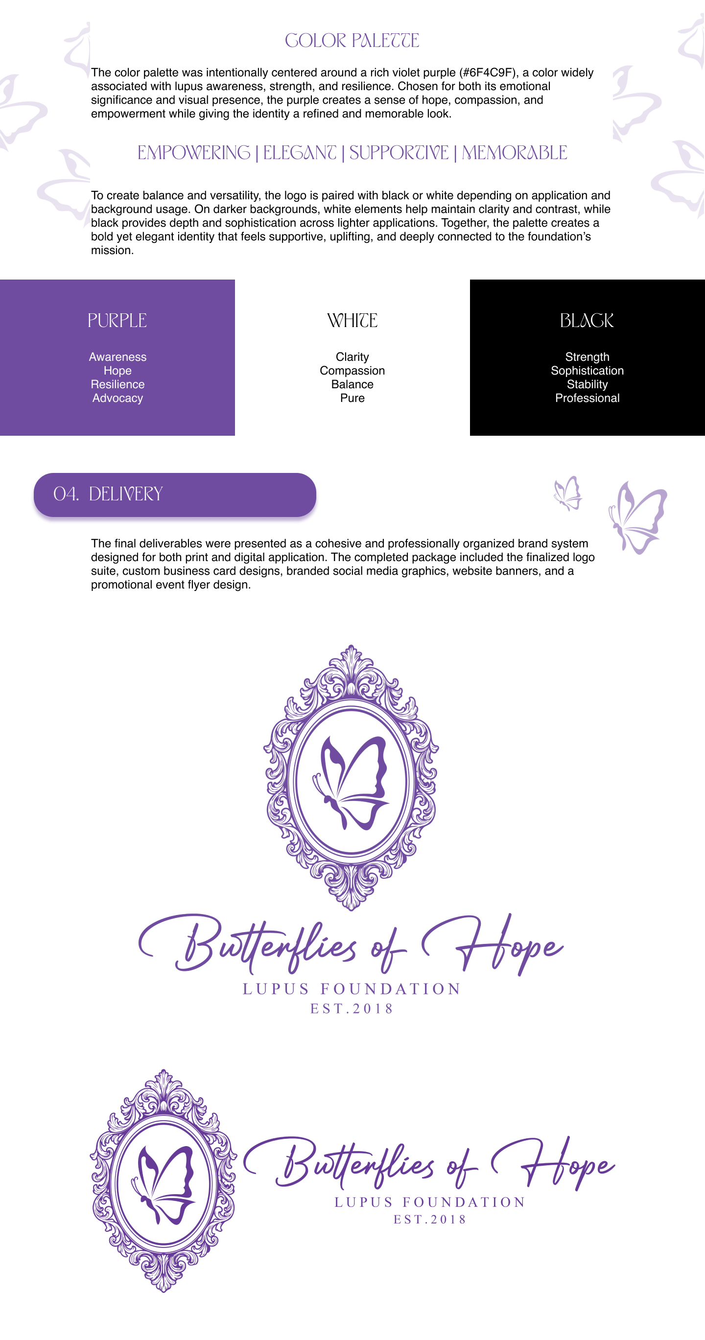 Butterflies of Hope Lupus Foundation logos with violet butterfly in ornate oval frame and brand color meanings.