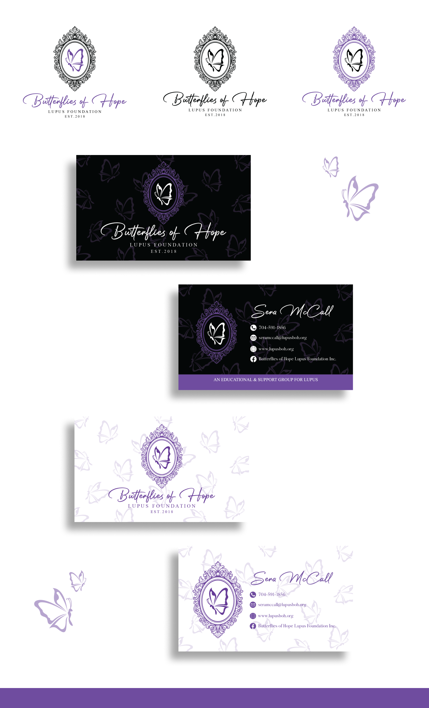 Butterflies of Hope Lupus Foundation logos and business cards in purple, black, and white with butterfly designs.