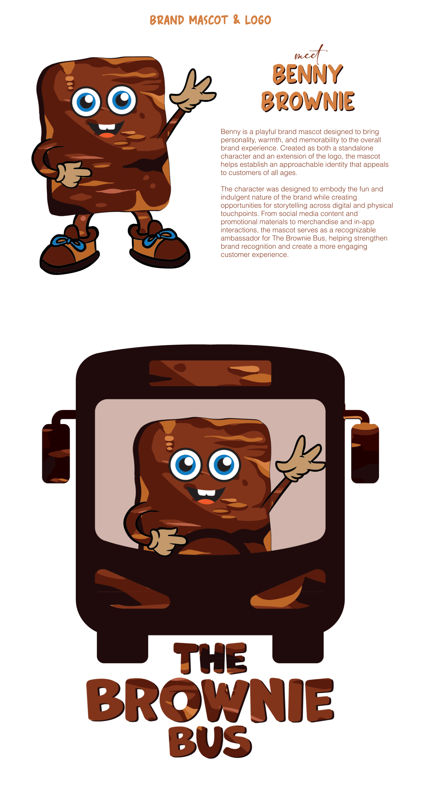 Benny Brownie mascot, a happy brownie character waving, shown alone and driving a bus labeled The Brownie Bus.