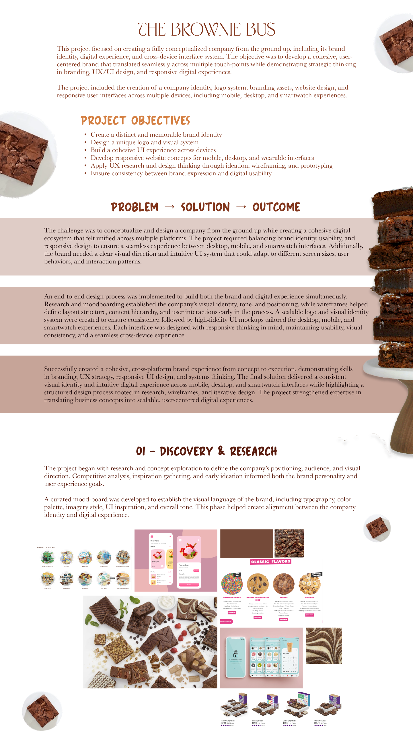 Project overview of The Brownie Bus branding and digital design with images of brownies and app UI concepts.