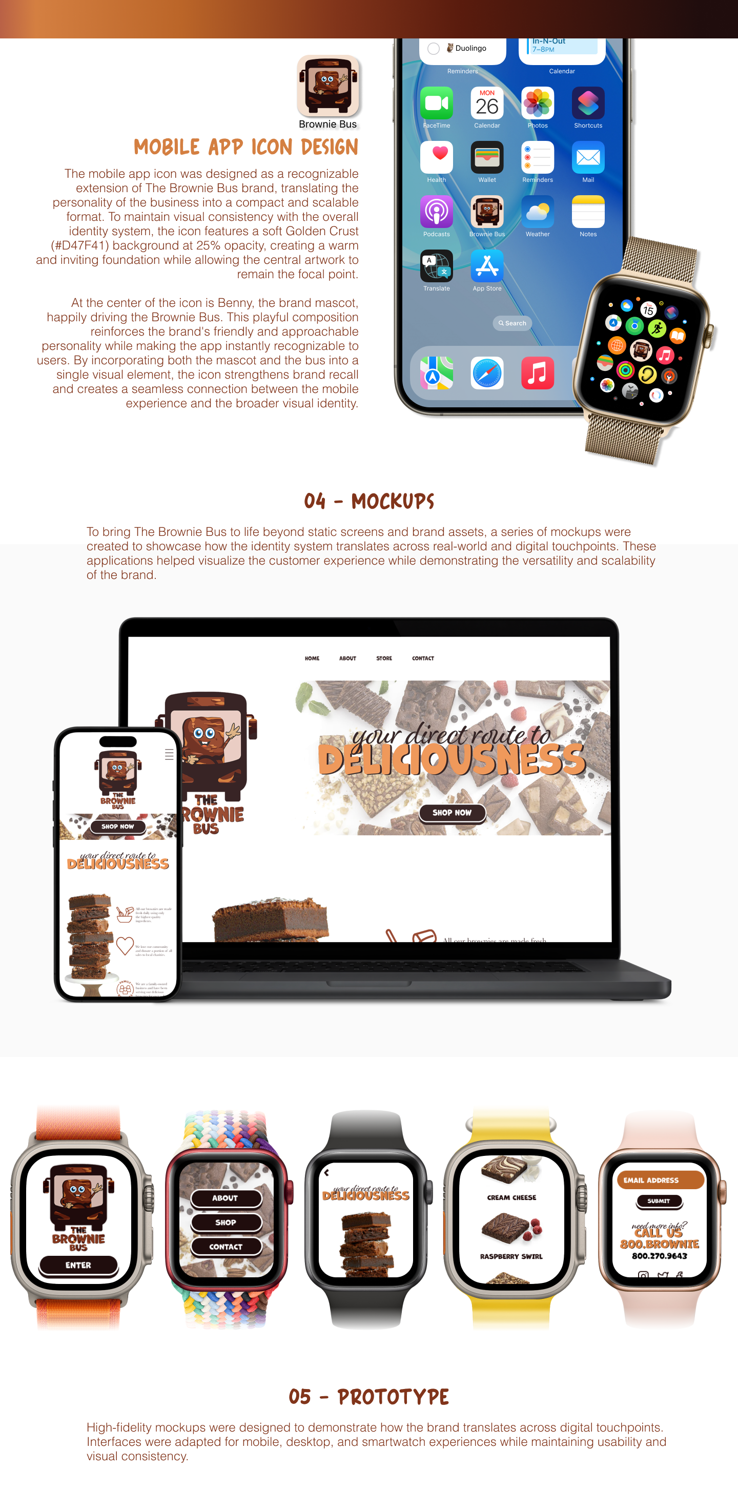Brownie Bus app icon and mockups on iPhone, MacBook, and smartwatches showing brand identity and interface designs.