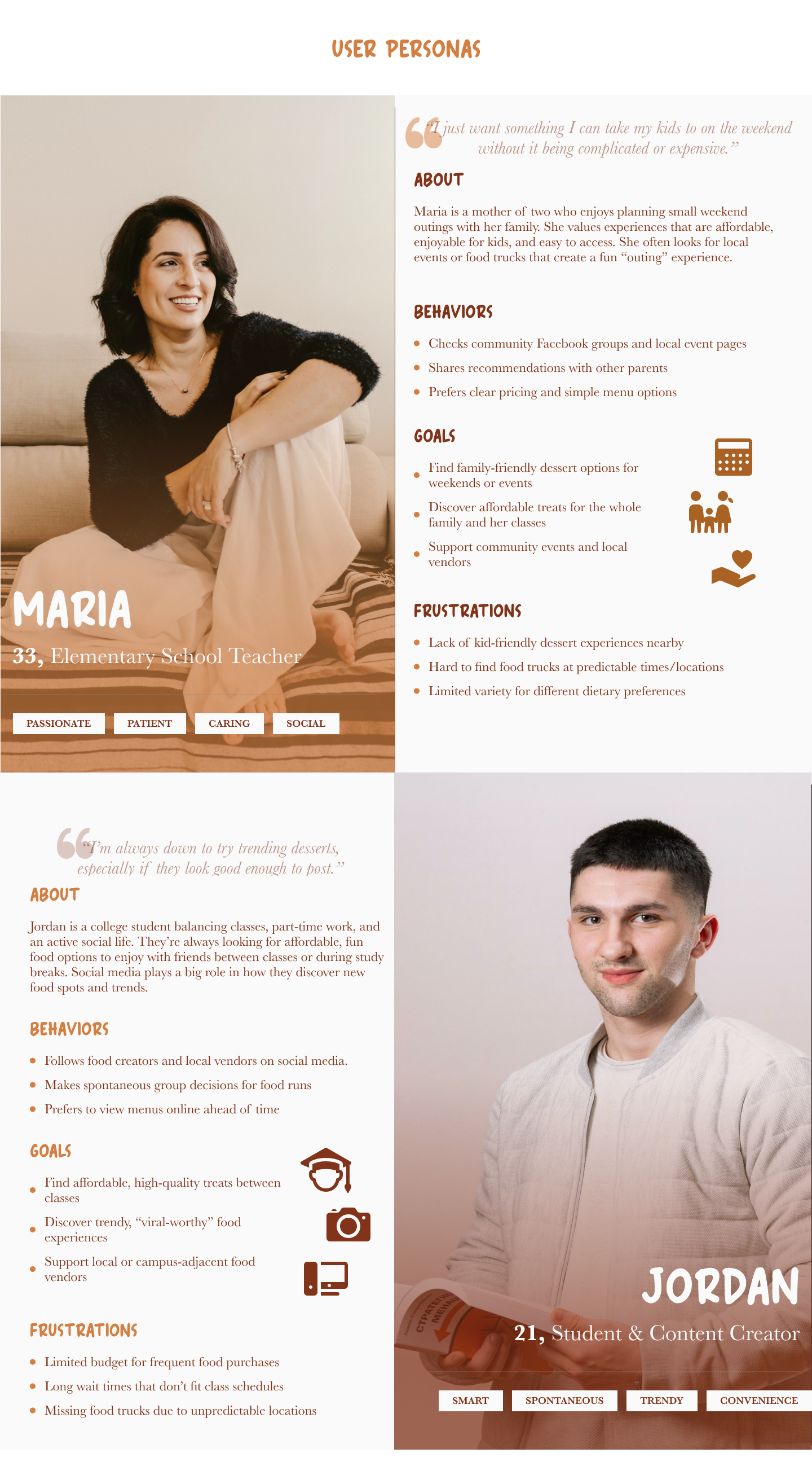 Profiles of Maria, teacher and mother, and Jordan, student and content creator, with their goals and frustrations.