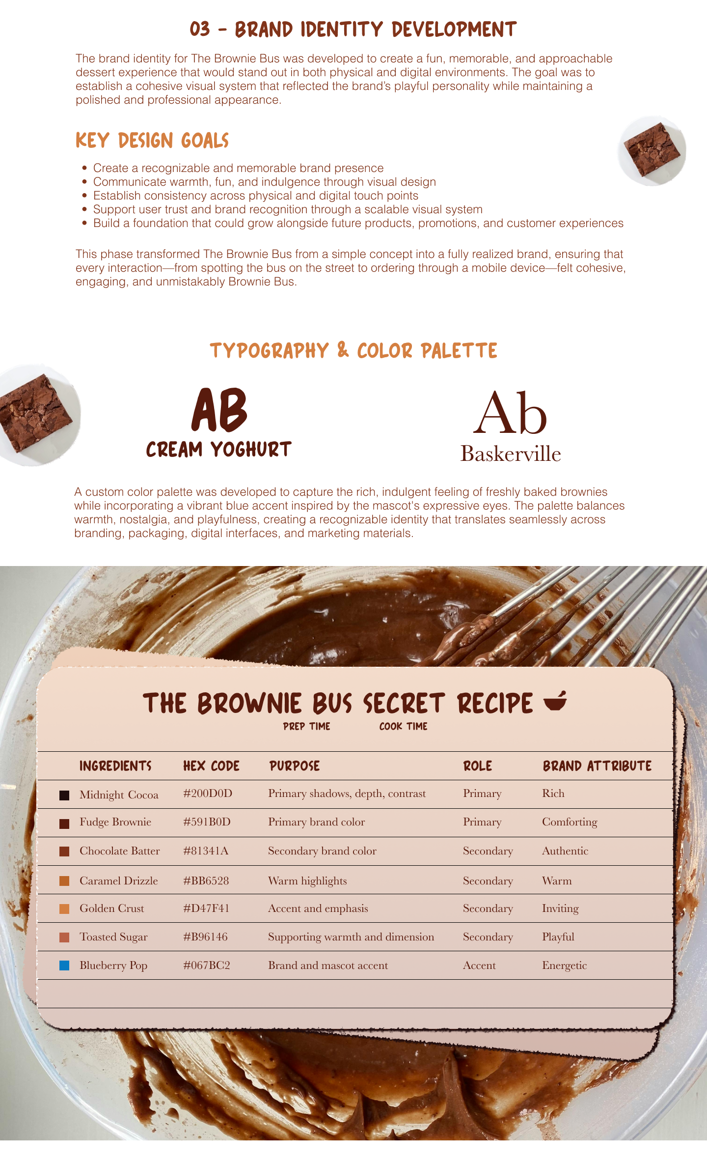 Brand identity and color palette details for The Brownie Bus including typography and color hex codes.