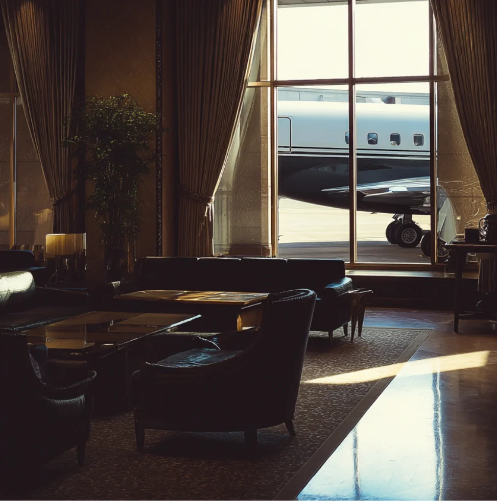 Interior view of a dimly lit luxury lounge with leather chairs and tables, large window showing part of a private jet outside.