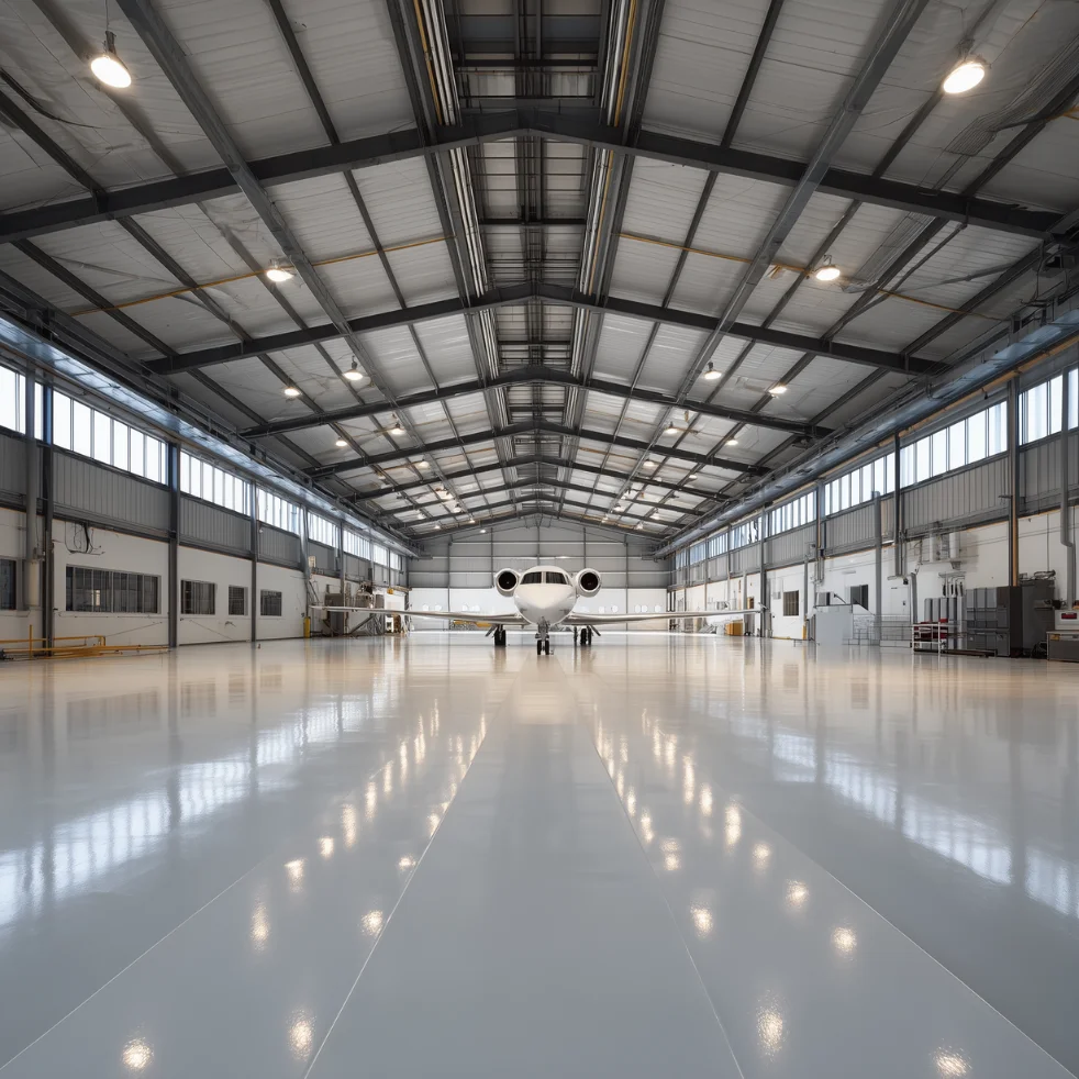 Private jet parked inside a spacious, well-lit aircraft hangar with reflective polished floors.