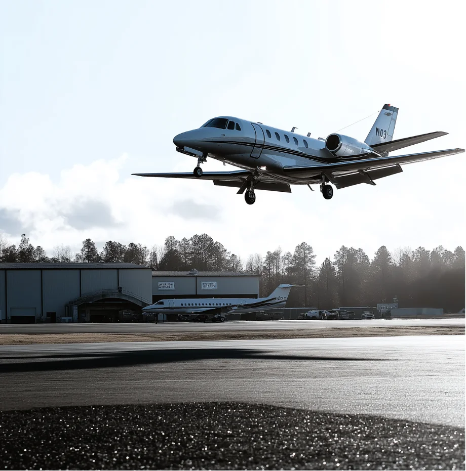 Small private jet airplane landing with its wheels down at an airport during daylight.
