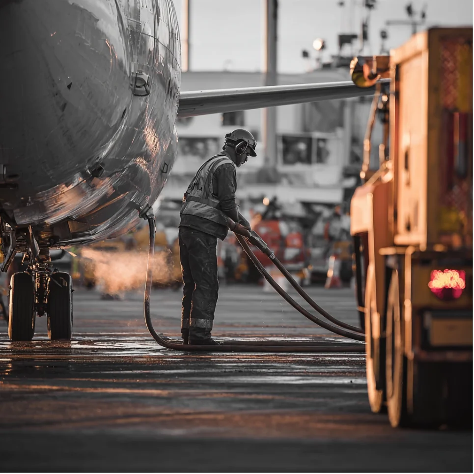 Airport ground crew worker in safety gear handling hoses connected to a plane on the tarmac during sunset.